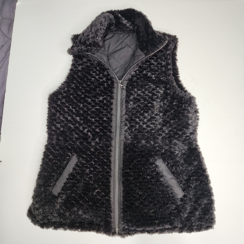 Casual Identity Vest Womens M Reversible Full Zip Black Faux Fur Quilted Pockets